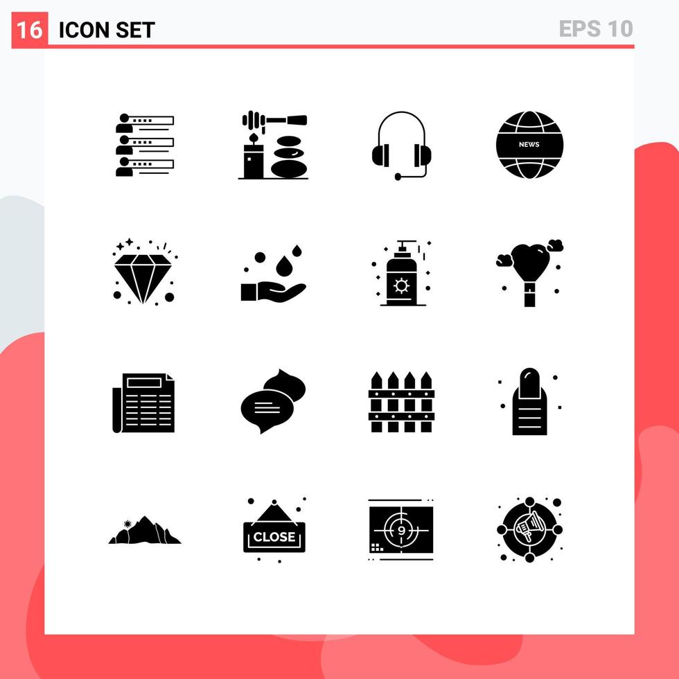 Mobile Interface Solid Glyph Set of 16 Pictograms of diamond global news relax global communication headset Editable Vector Design Elements
