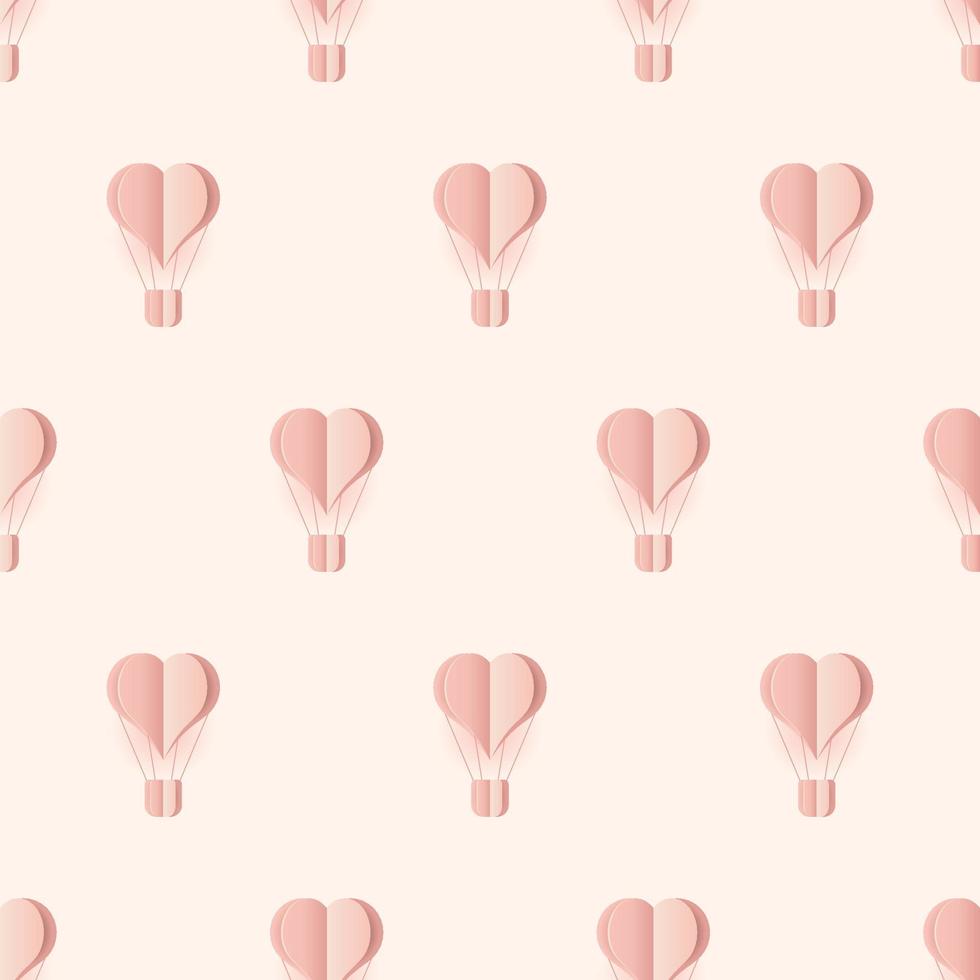 Seamless pattern with heart hot air balloon paper art style. Pattern graphic style. Cut paper effect. Vector illustration