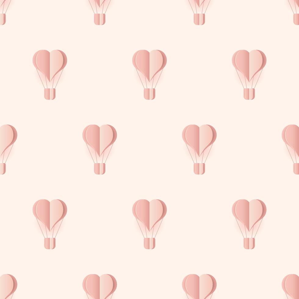Seamless pattern with heart hot air balloon paper art style. Pattern graphic style. Cut paper effect. Vector illustration