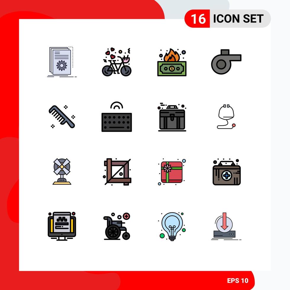 Modern Set of 16 Flat Color Filled Lines and symbols such as comb whistle heart sport income Editable Creative Vector Design Elements