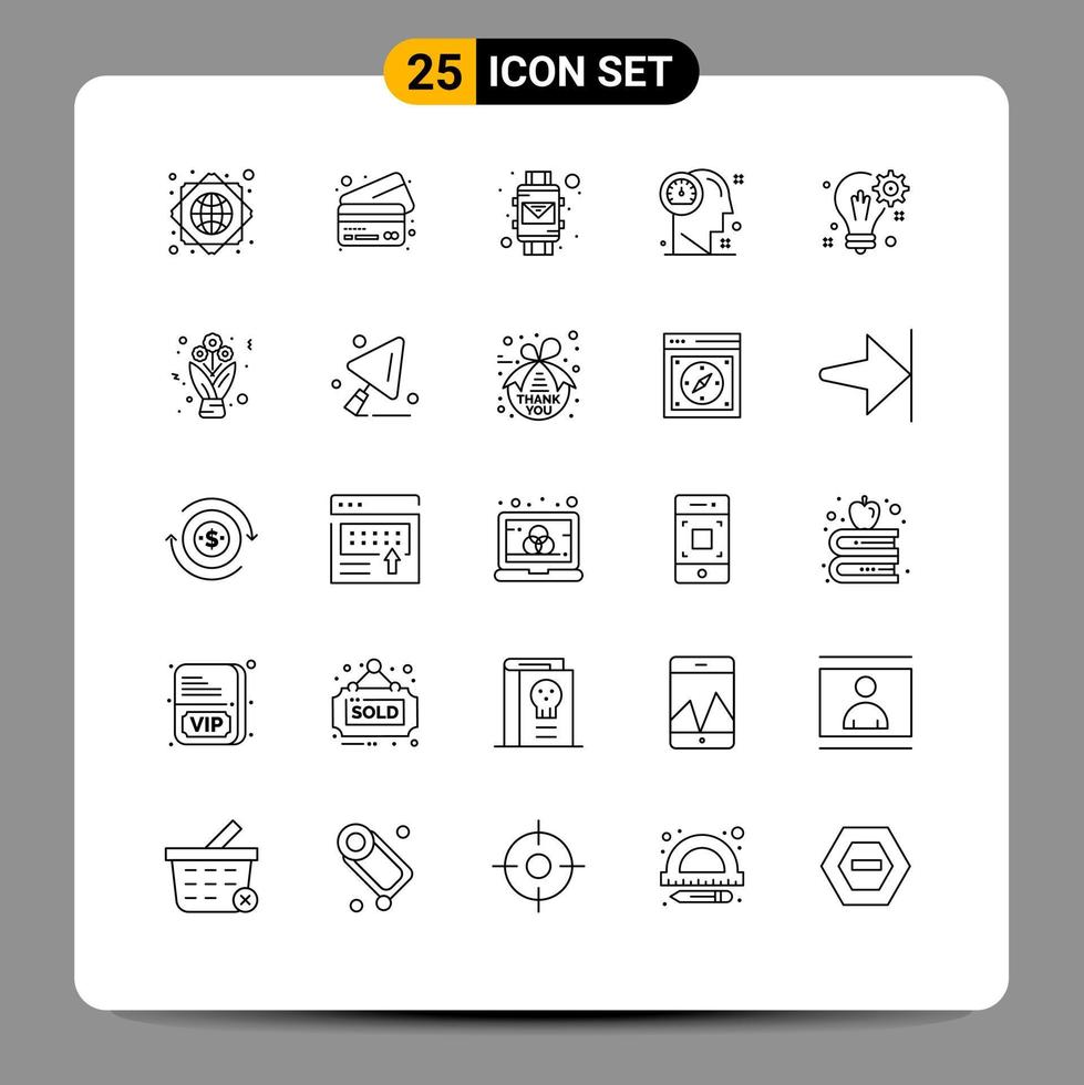 Mobile Interface Line Set of 25 Pictograms of solution bulb smart wrist thinking head Editable Vector Design Elements