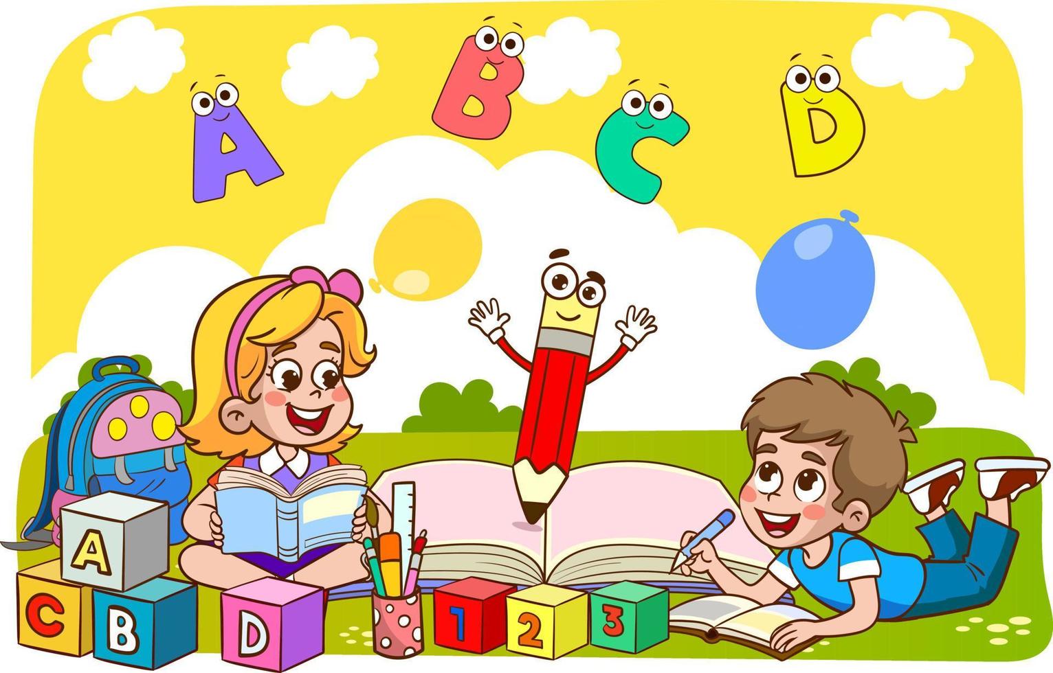 niños discutiendo la tarea y leyendo libros juntos. ilustración vectorial de la educación infantil vector