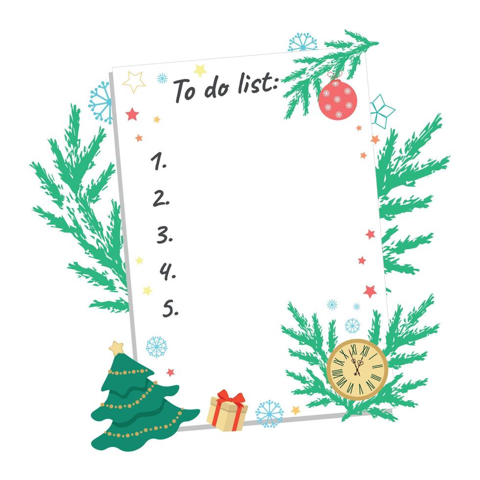 To-do list, white sheet of paper decorated with New Year's attributes, flat vector, isolate on white vector