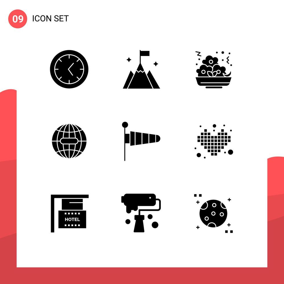 Group of 9 Modern Solid Glyphs Set for wind parachute meal nature globe Editable Vector Design Elements