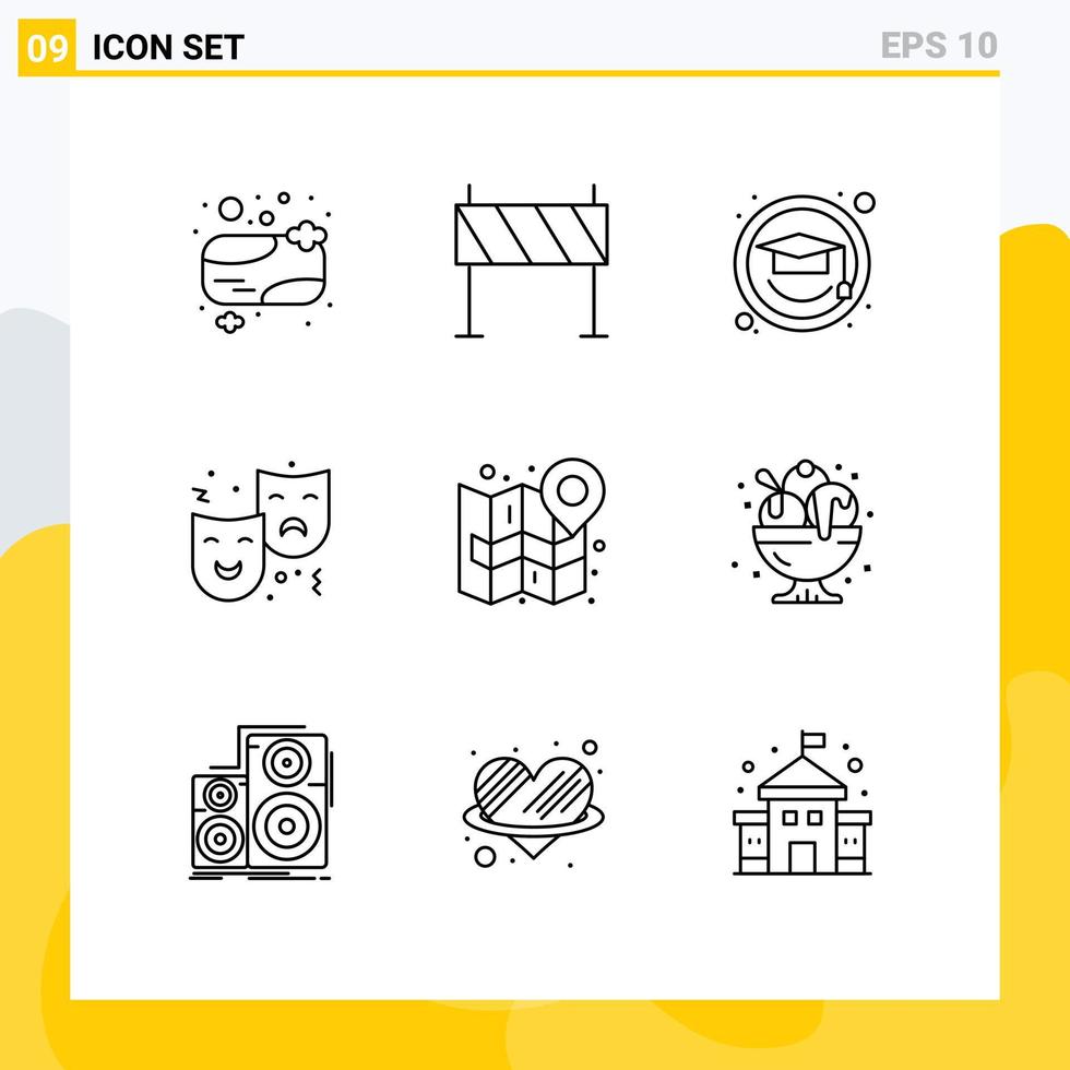 Set of 9 Modern UI Icons Symbols Signs for city circus road expression mask Editable Vector Design Elements