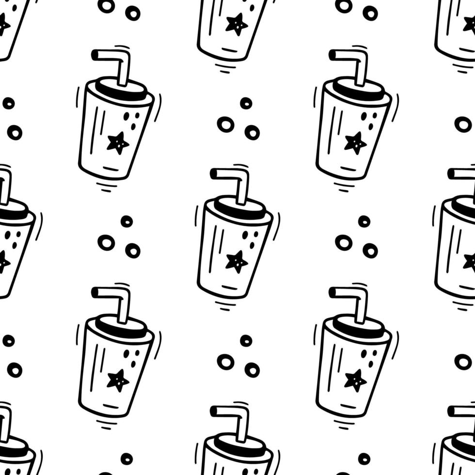 Hand drawn fast food drink paper cup seamless pattern. Fast food texture, fabric, wrapping paper illustration. Sketch of soda beverage in plastic cup. Fast food beverage illustration in doodle style. vector