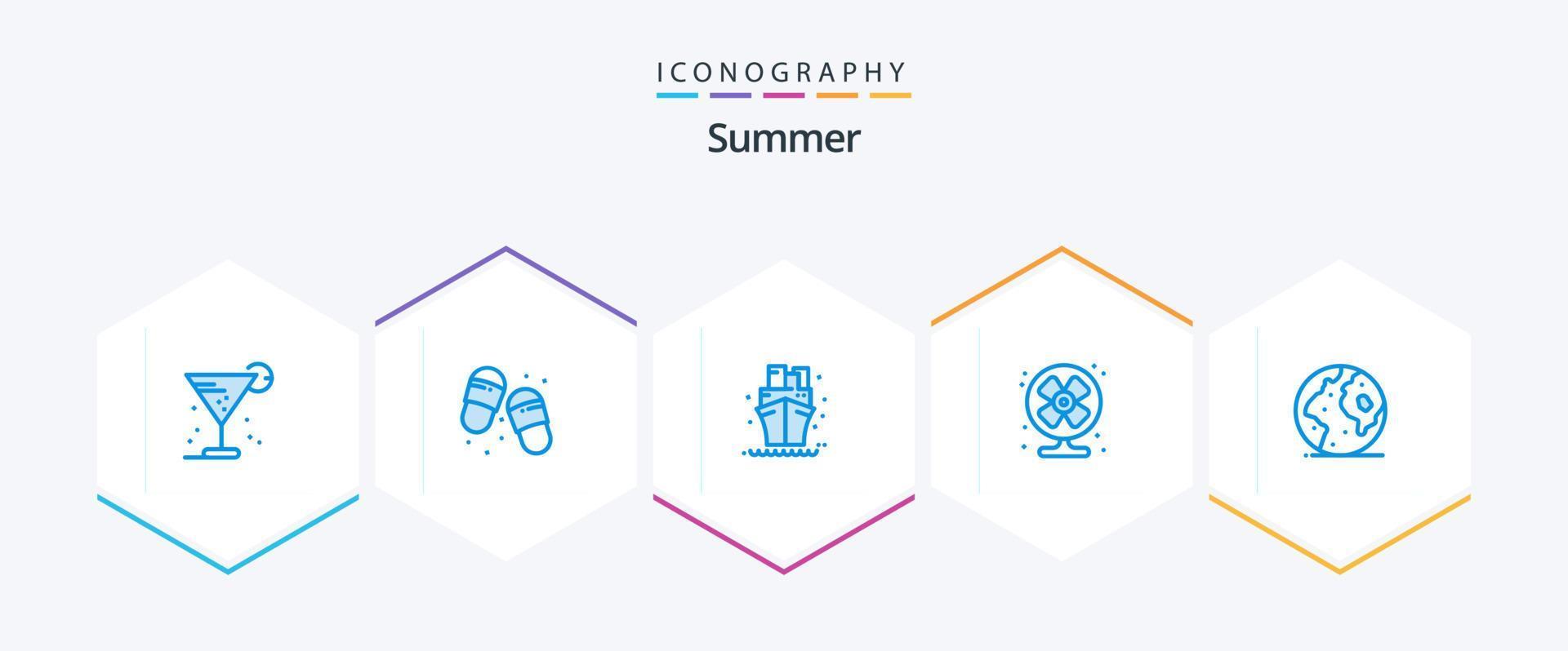 Summer 25 Blue icon pack including earth. fan. slippers. conditioner. summer vector