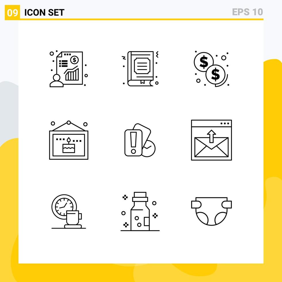 Set of 9 Vector Outlines on Grid for hand picture like party birthday Editable Vector Design Elements