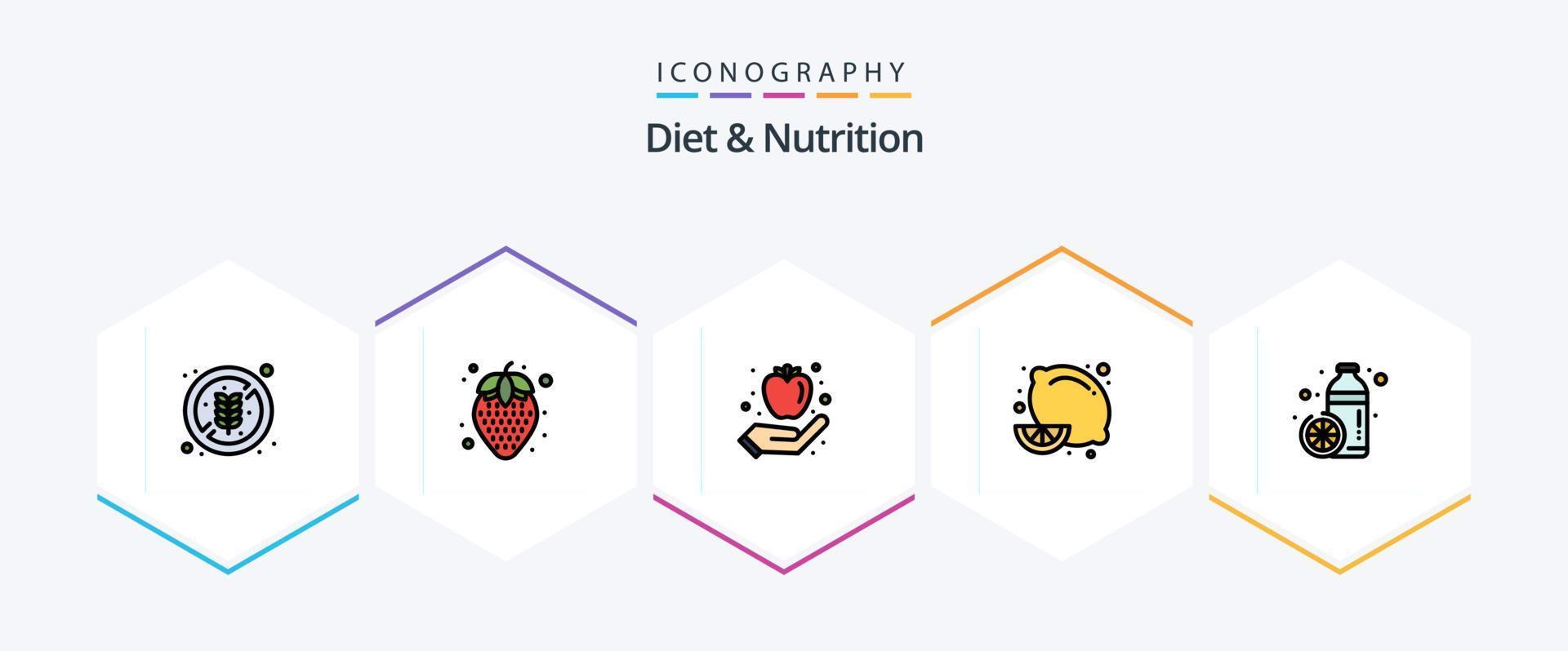 Diet And Nutrition 25 FilledLine icon pack including healthy. bottle. fruit. lemon fruit. diet food vector