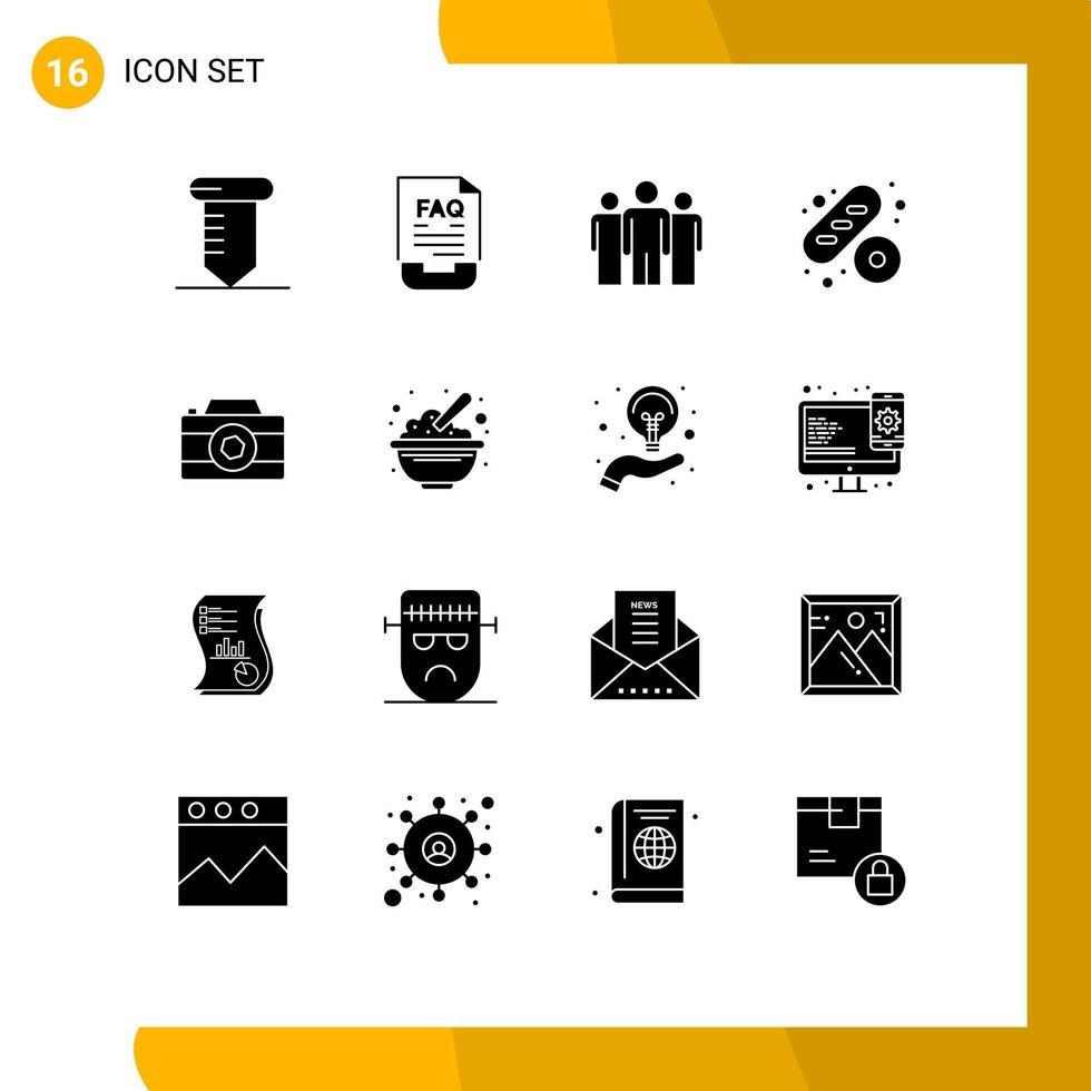 Modern Set of 16 Solid Glyphs Pictograph of picture camera business food baguette Editable Vector Design Elements