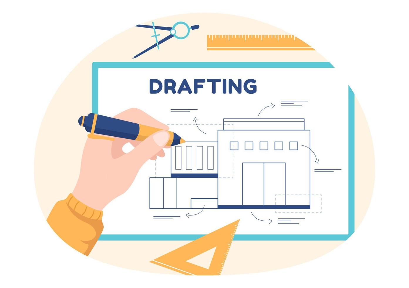 Drafting, Engineer or Architect Working on Drawing Board Projecting and Draft in Flat Cartoon Hand Drawn Templates Illustration vector