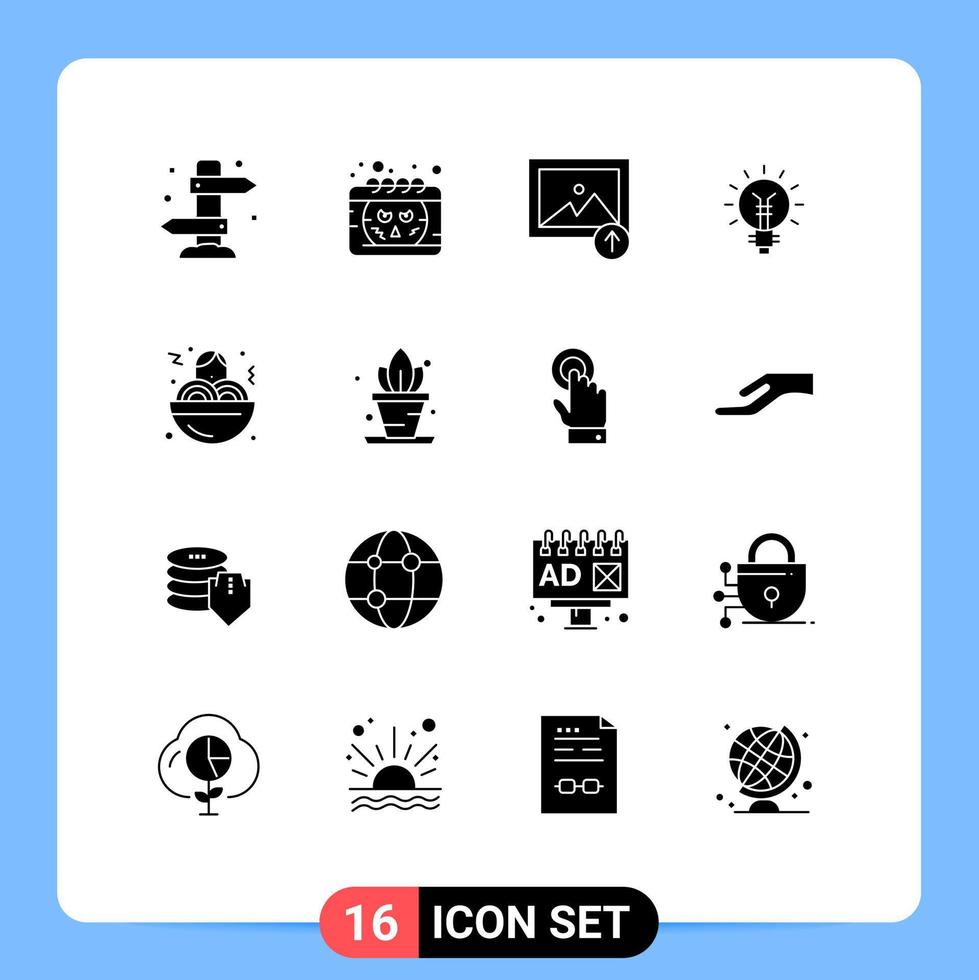 Pack of 16 creative Solid Glyphs of light idea smiley electrical lightbulb Editable Vector Design Elements