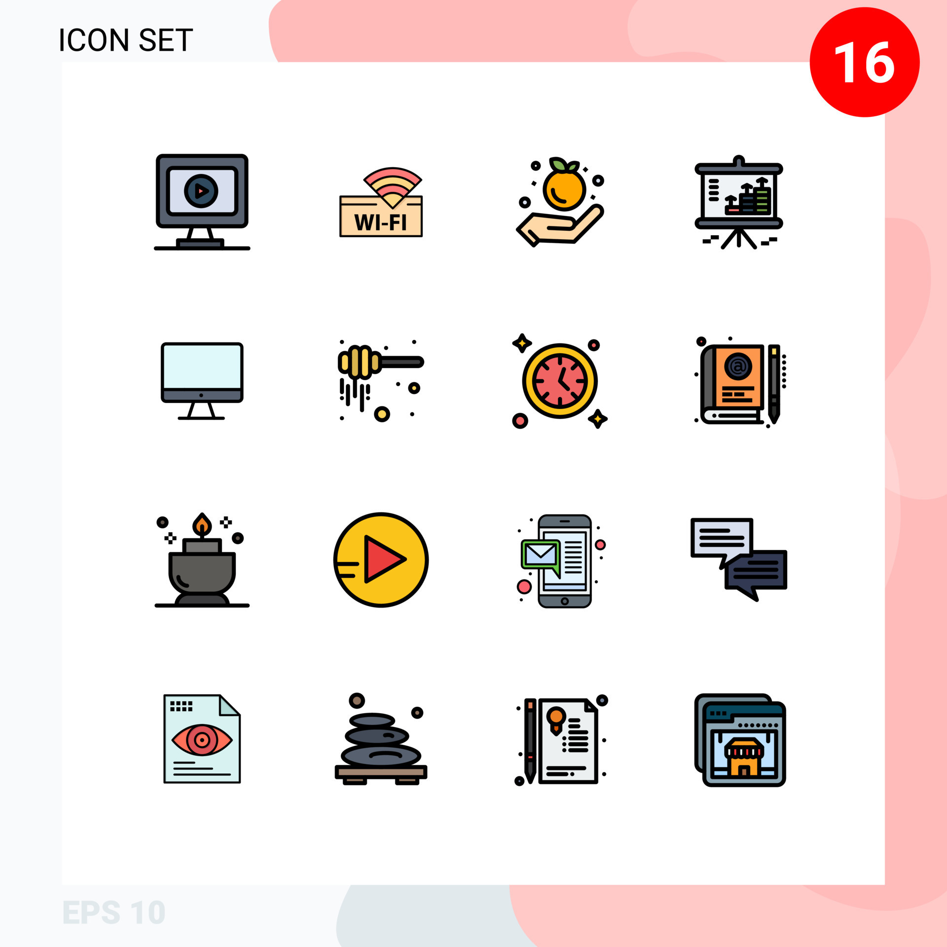 Pack of 16 creative Flat Color Filled Lines of screen computer food projector dollar Editable