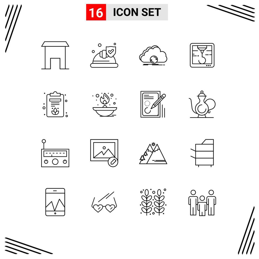 Universal Icon Symbols Group of 16 Modern Outlines of lotus clipboard cloud hock synchronization Editable Vector Design Elements