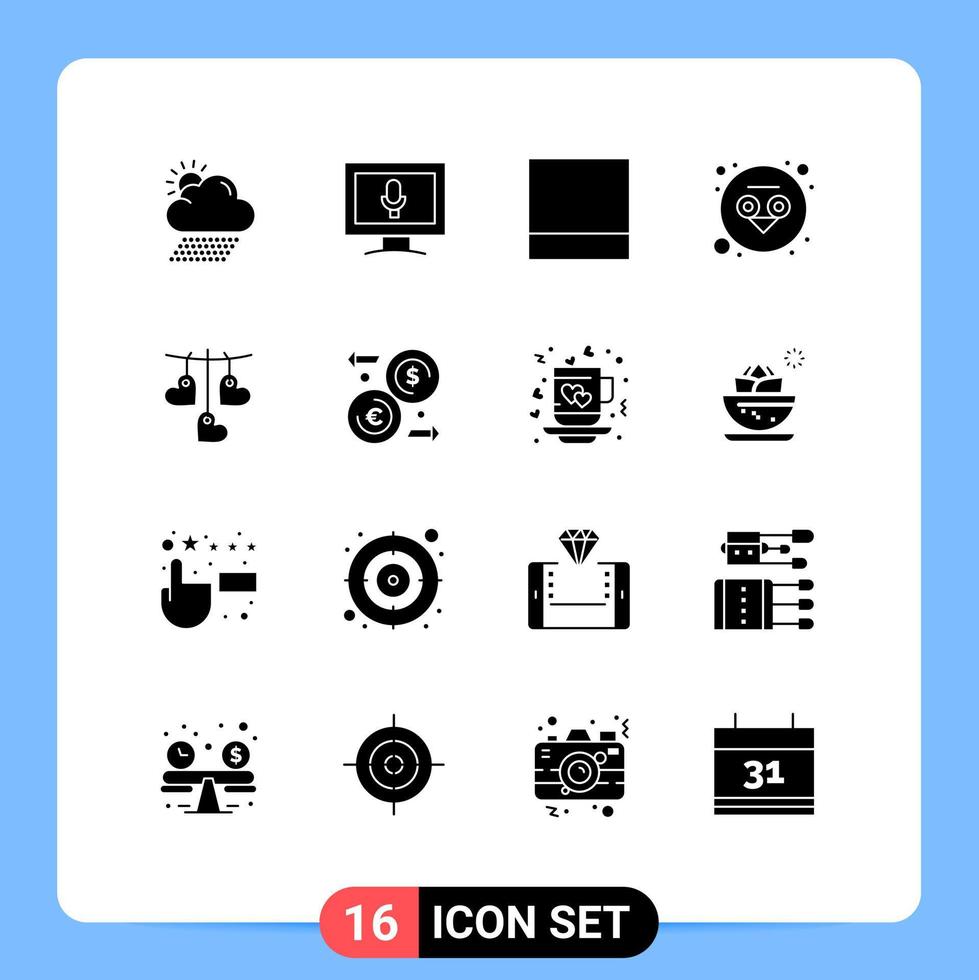 16 User Interface Solid Glyph Pack of modern Signs and Symbols of euro hanging layout love heart Editable Vector Design Elements