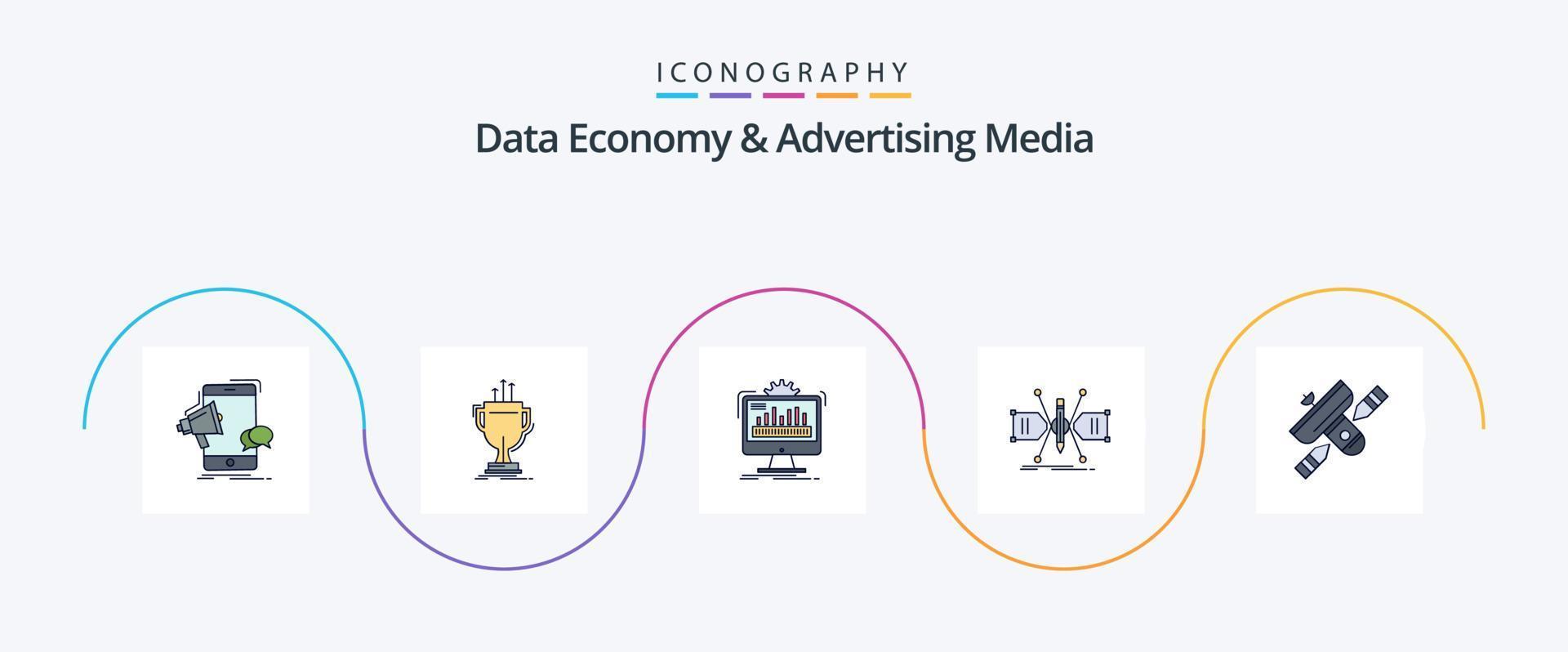 datos economía y publicidad medios de comunicación línea lleno plano 5 5 icono paquete incluso red. arquitecto. borde. Procesando. monitor vector