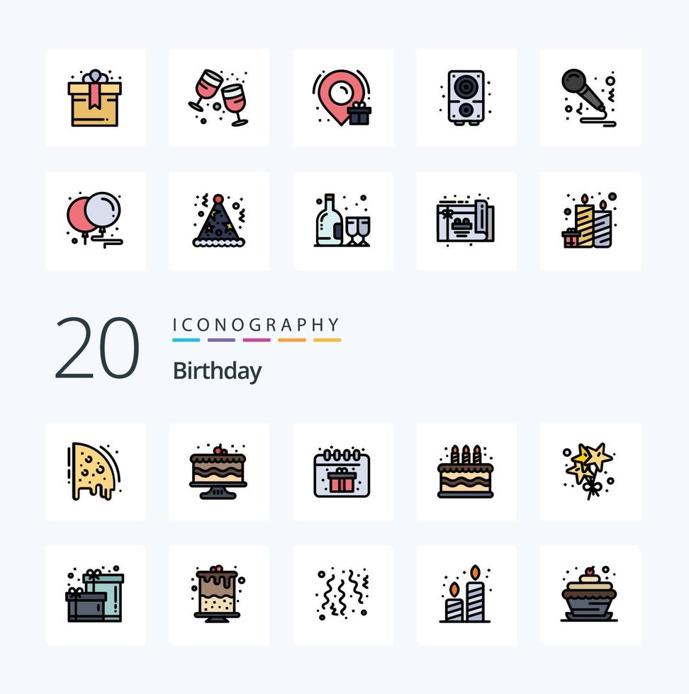 20 Birthday Line Filled Color icon Pack like birthday stare birthday birthday cake vector