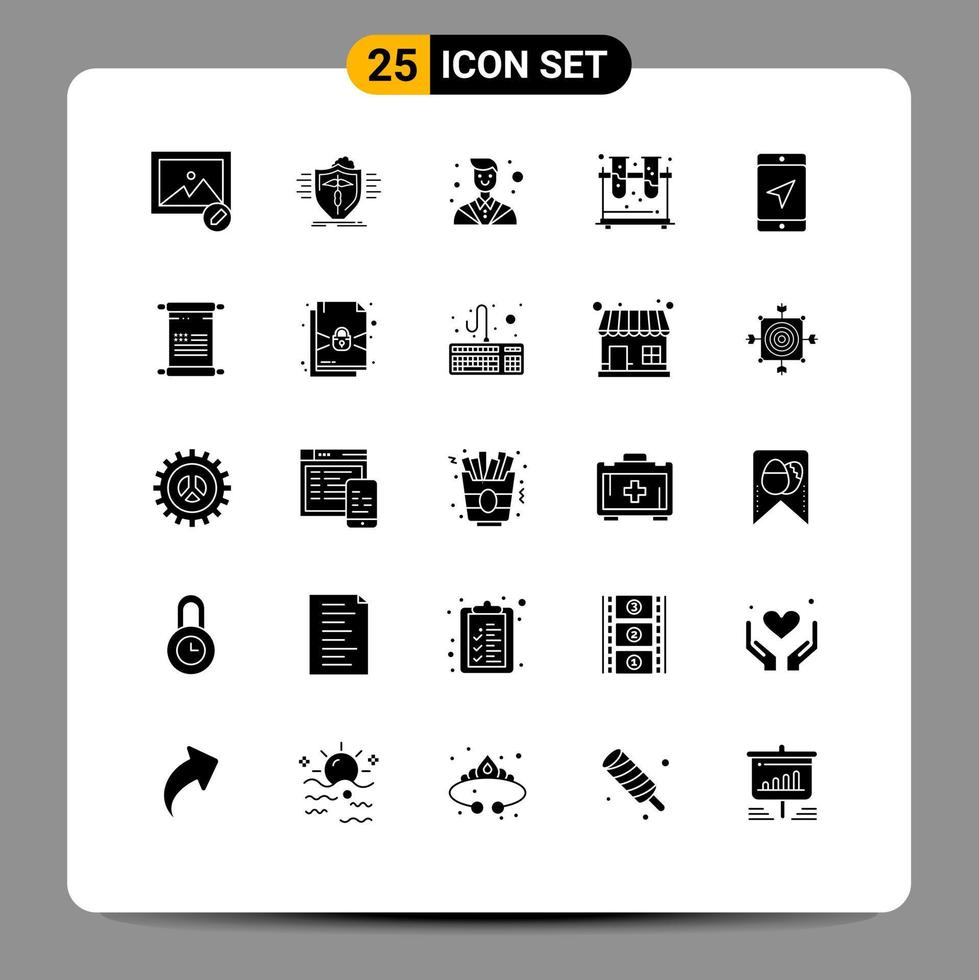 Set of 25 Commercial Solid Glyphs pack for location tubes attorney flask chemistry Editable Vector Design Elements