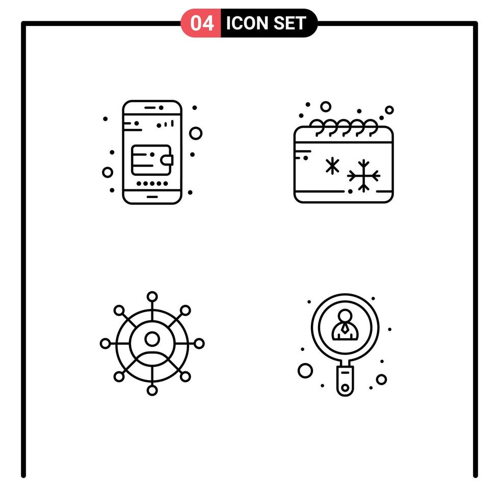 Line Pack of 4 Universal Symbols of mobile wallet technology calendar winter search Editable Vector Design Elements