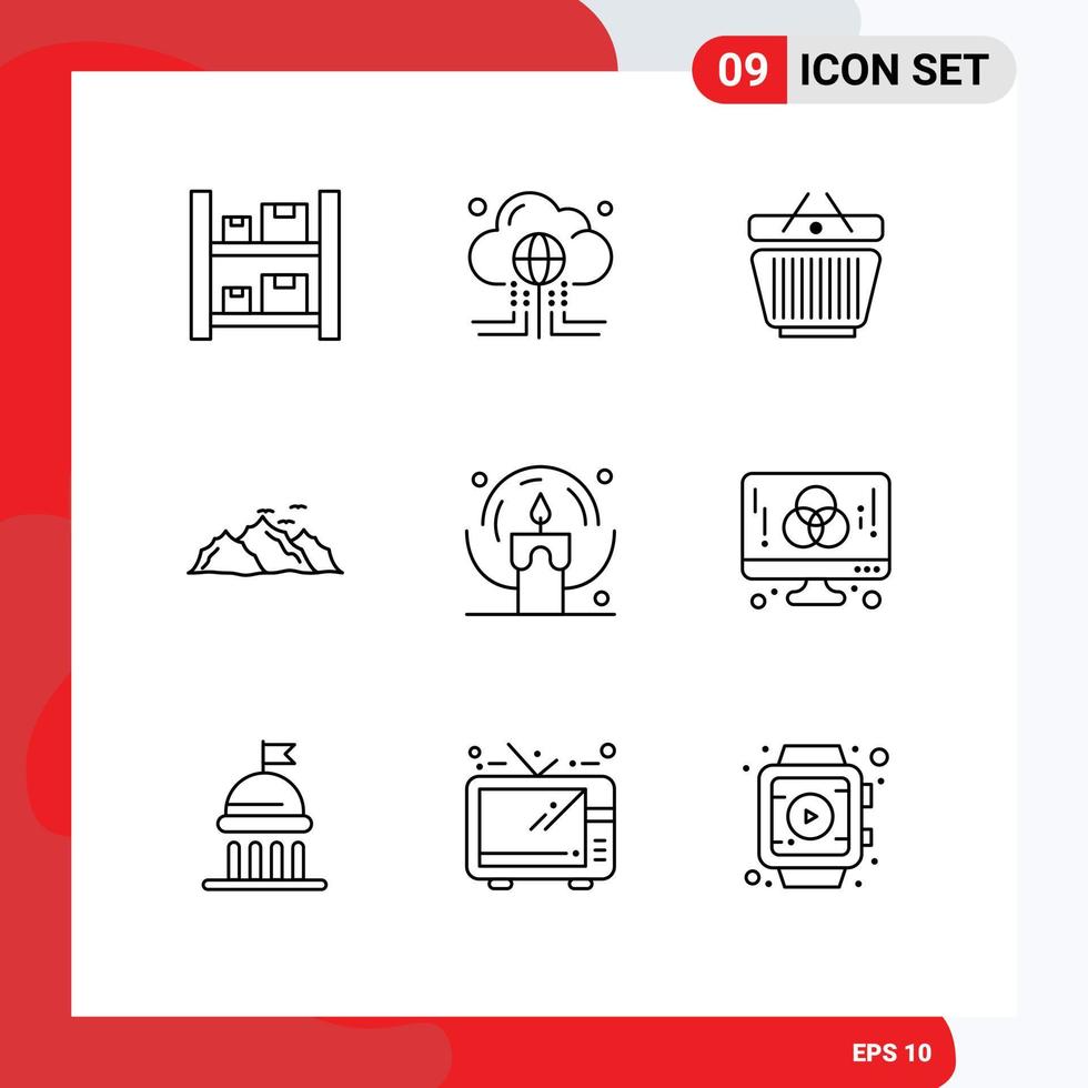 9 Universal Outlines Set for Web and Mobile Applications birds hill internet landscape cart Editable Vector Design Elements