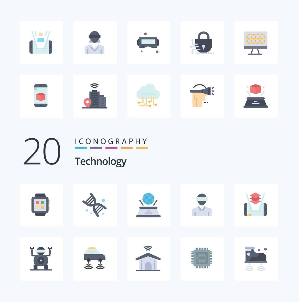 20 Technology Flat Color icon Pack like man reality technology motion presentation vector