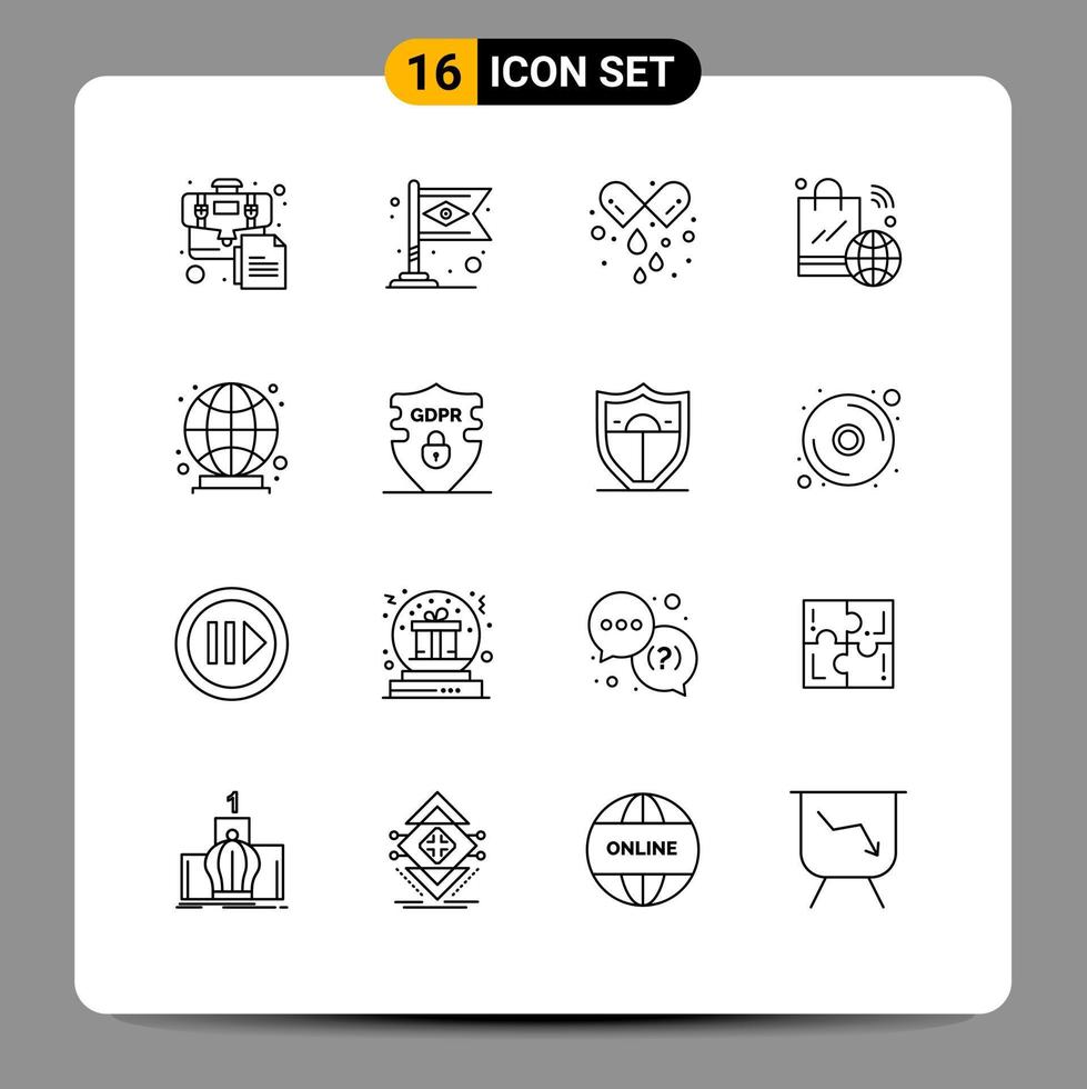 User Interface Pack of 16 Basic Outlines of global iot capsule internet of things shopping bag Editable Vector Design Elements