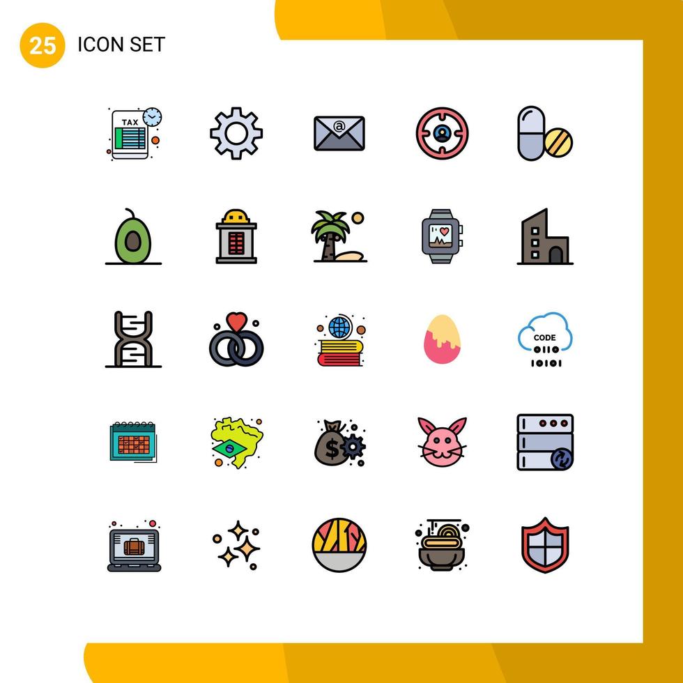 25 Universal Filled line Flat Colors Set for Web and Mobile Applications pills drug inbox hunter find Editable Vector Design Elements