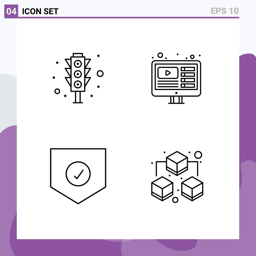 Pack of 4 Modern Filledline Flat Colors Signs and Symbols for Web Print Media such as signal protect traffic signal you tuber shield Editable Vector Design Elements