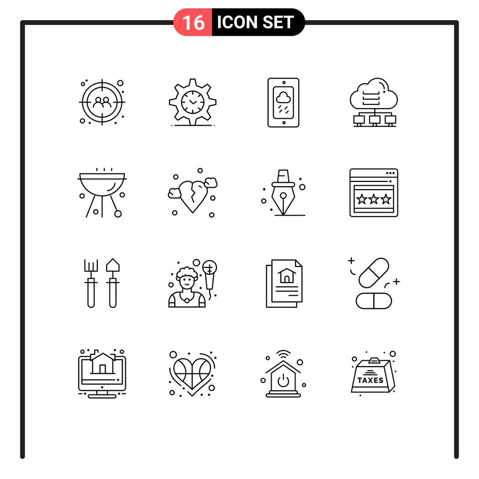 16 Universal Outlines Set for Web and Mobile Applications barbecue connect mobile data network Editable Vector Design Elements