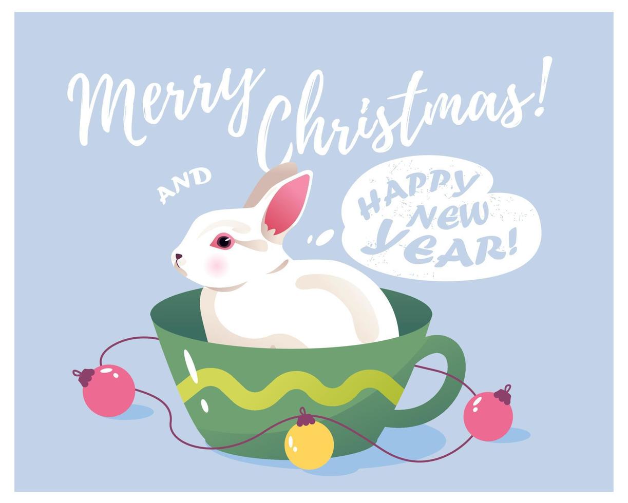 A rabbit with Christmas decorations. Christmas vector greeting card.