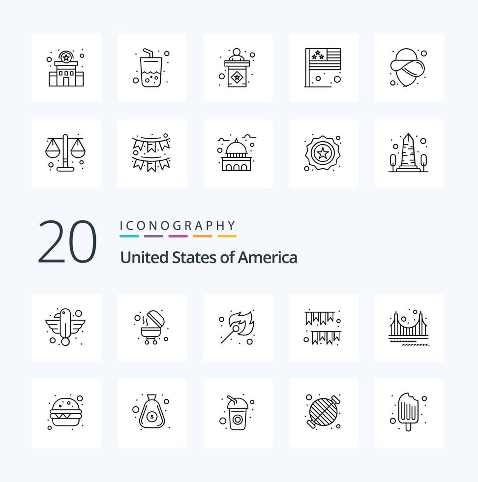 20 Estados Unidos línea icono paquete me gusta puente decoración cámping empavesados americano día vector