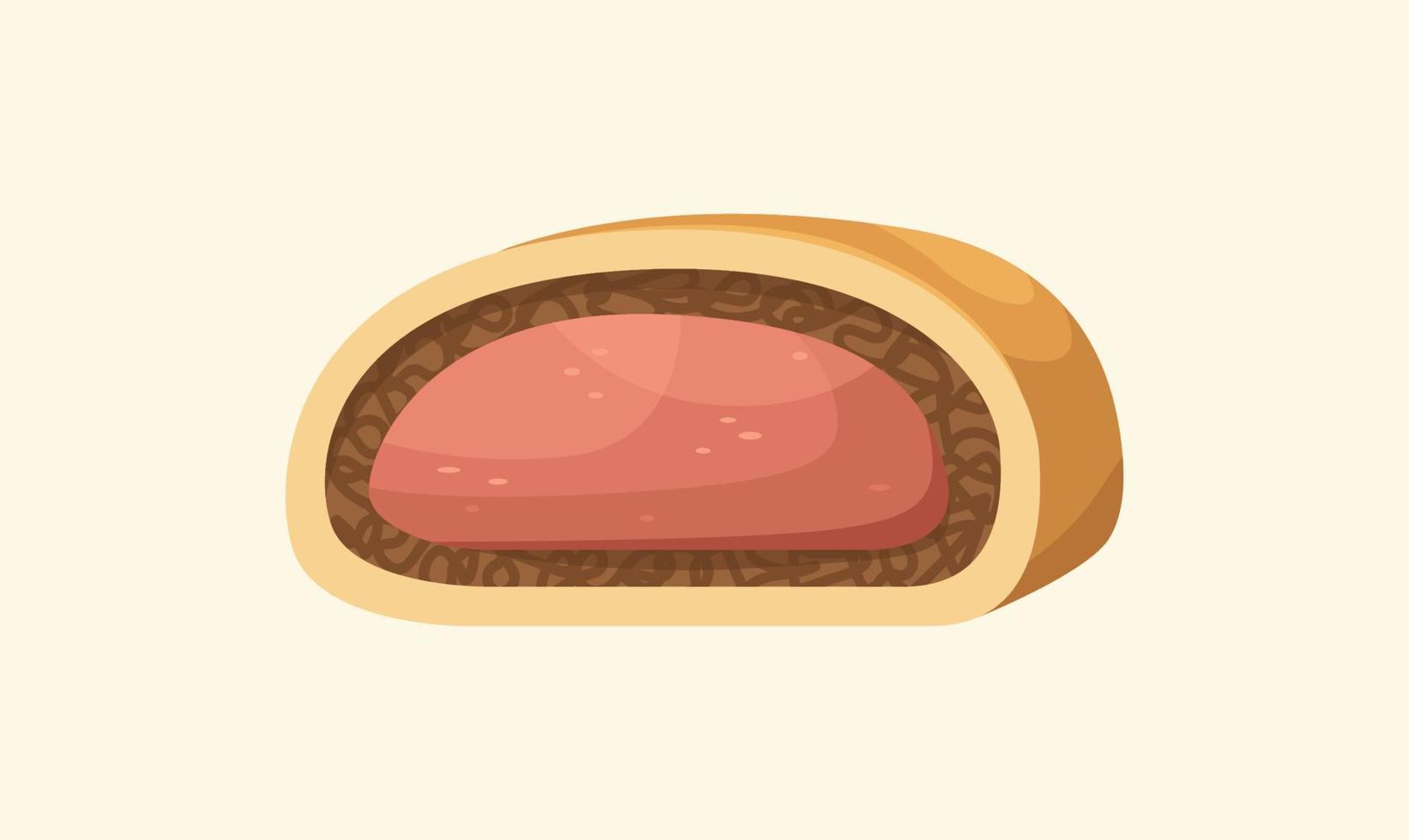 Vector illustration of an English dish - beef Wellington. Kitchen for New Year and Christmas. Flat style.