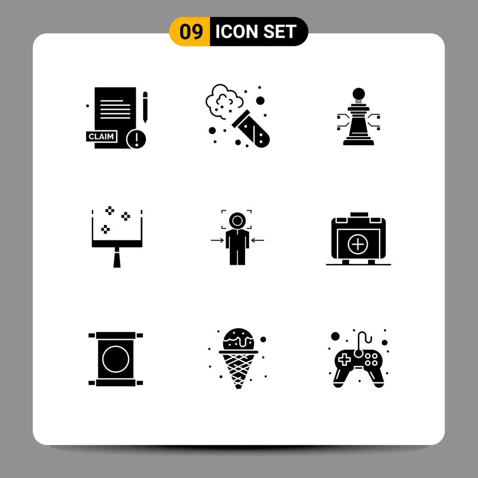 Mobile Interface Solid Glyph Set of 9 Pictograms of goal target strategy focus sweep Editable Vector Design Elements