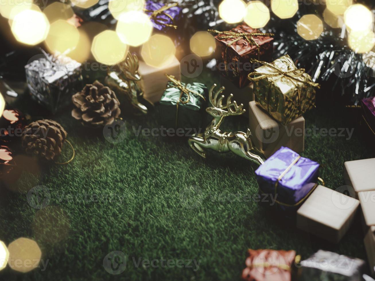 Christmas tree and gift box balls. Bokeh garlands in the blur background . cube block to contain the purpose of doing business overcoming. Developing ideas for the new year 2023 photo