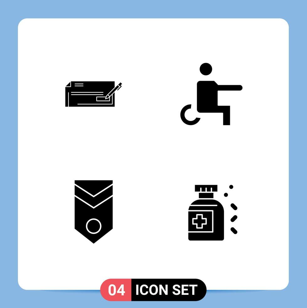 Mobile Interface Solid Glyph Set of 4 Pictograms of check wheelchair business disabled military Editable Vector Design Elements