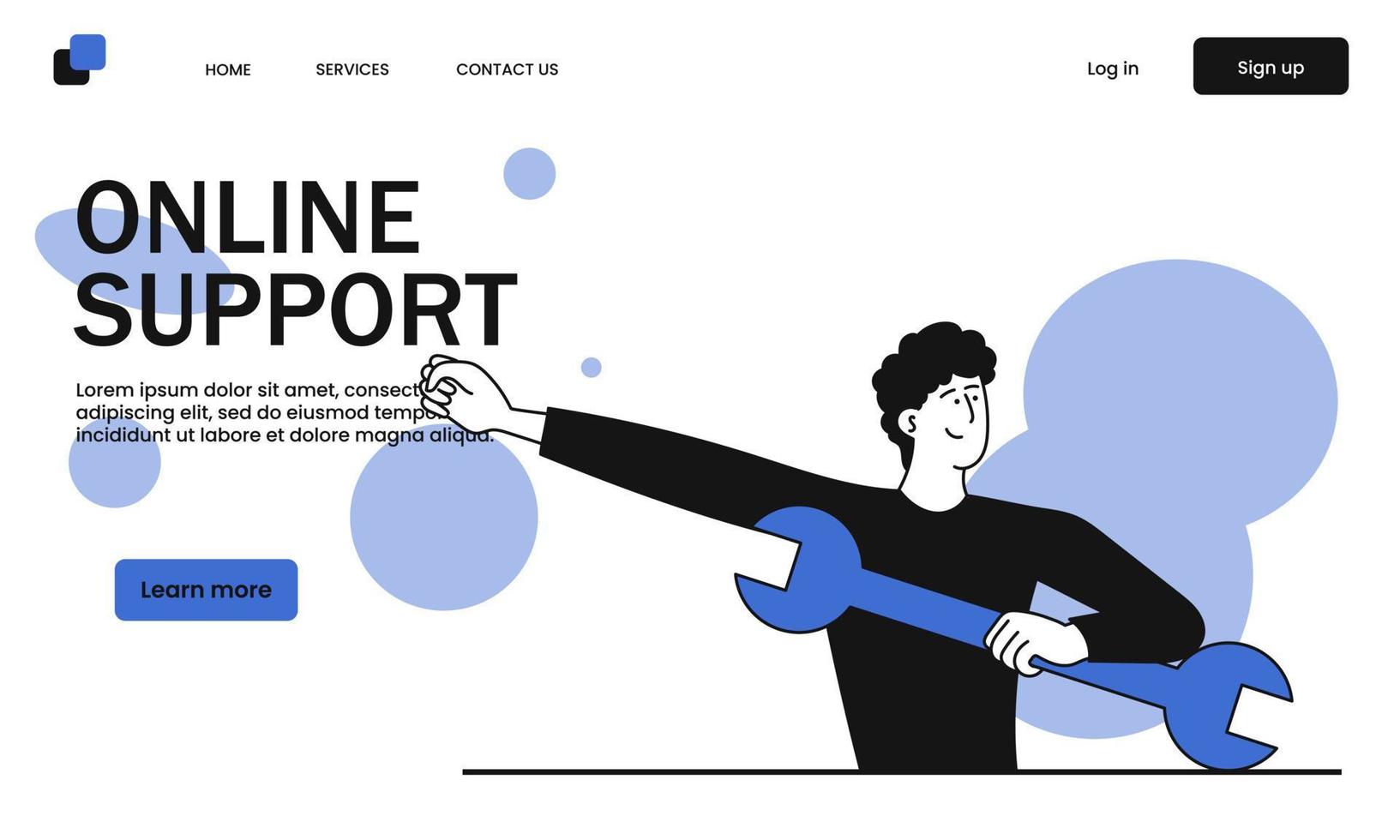 Online support and man holding wrench vector illustration concept. Customer service and technical help. Professional assistance and network consultant. Marketing hotline and helpdesk helpline