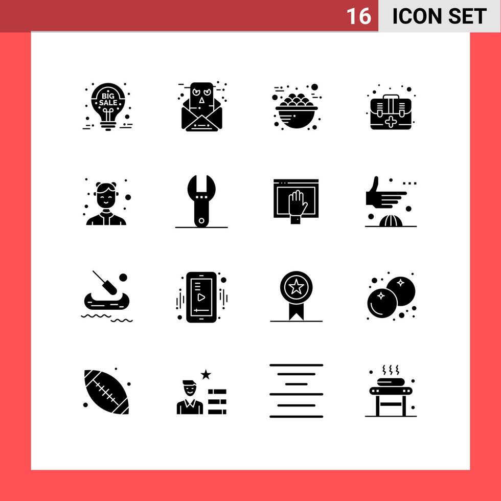 16 Thematic Vector Solid Glyphs and Editable Symbols of kit emergency email aid breakfast Editable Vector Design Elements