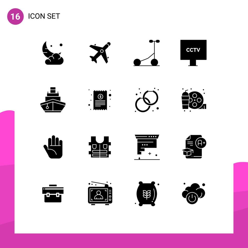 Pack of 16 creative Solid Glyphs of cruise surveillance shopping spy camera Editable Vector Design Elements