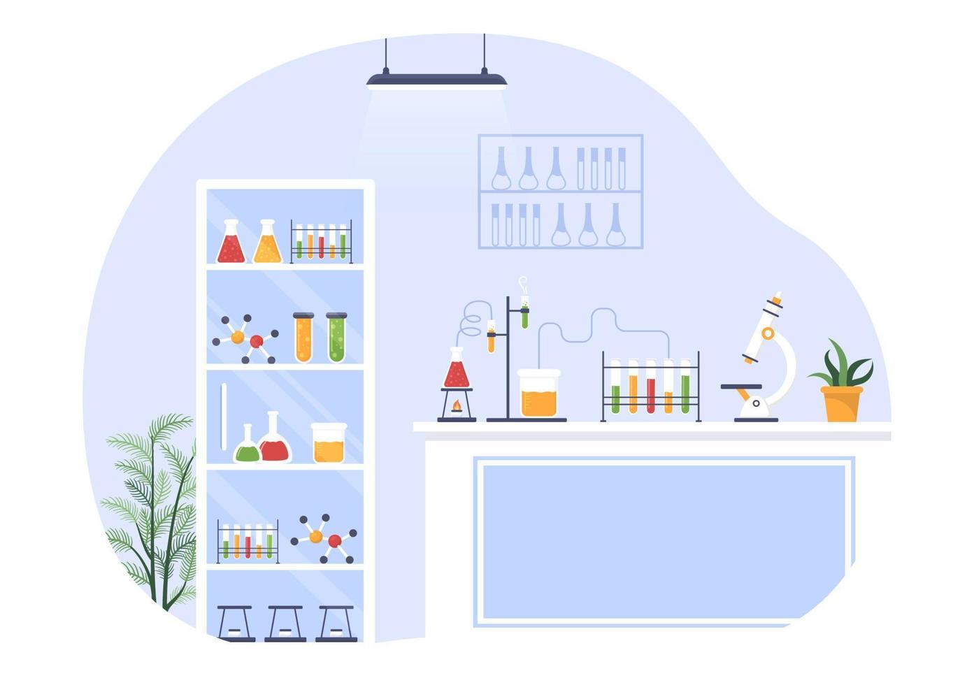 laboratorio con la realización de investigaciones científicas, experimentación y medición en un laboratorio en dibujos animados planos dibujados a mano ilustración de plantillas vector