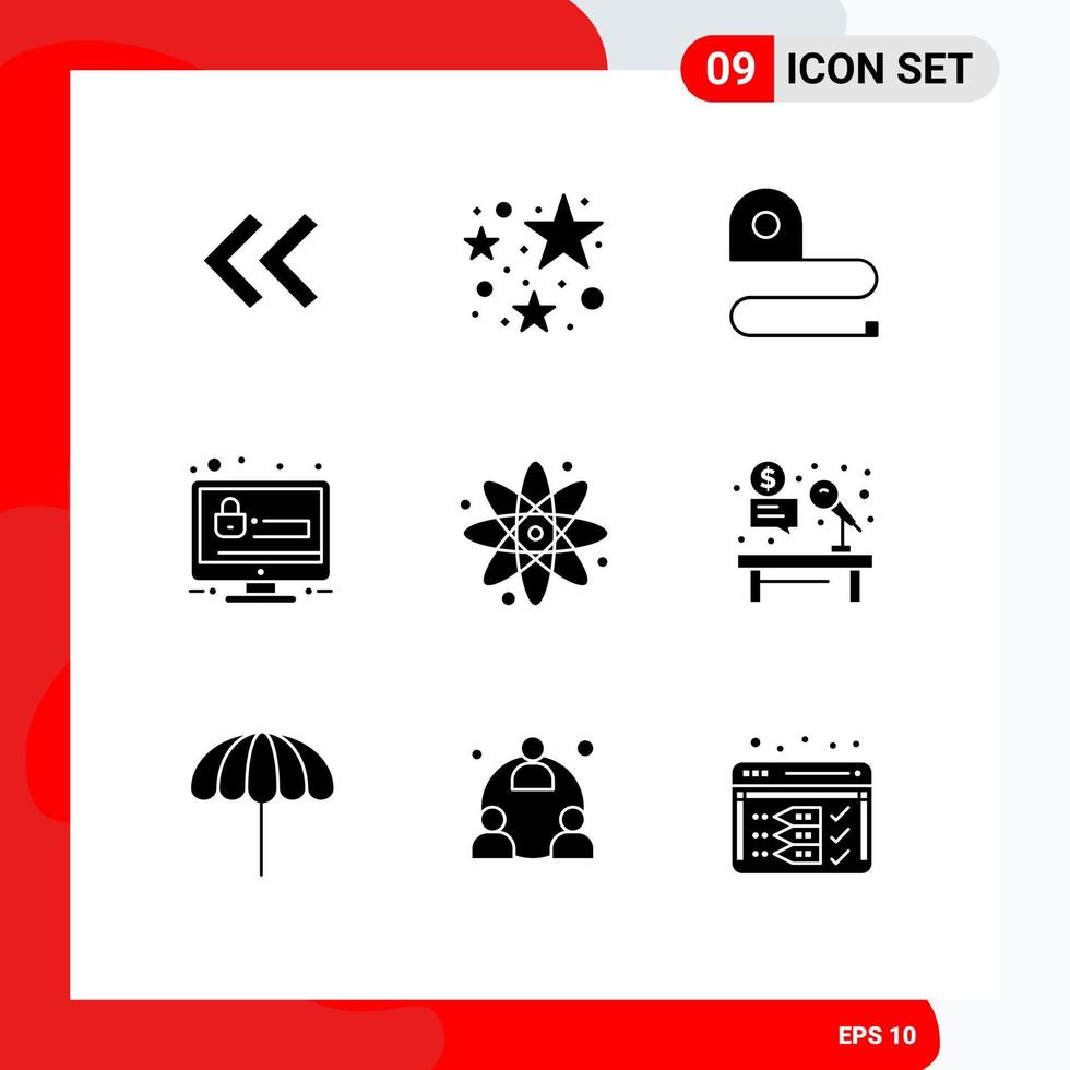 Pack of 9 creative Solid Glyphs of laboratory back to school scale atom account Editable Vector Design Elements