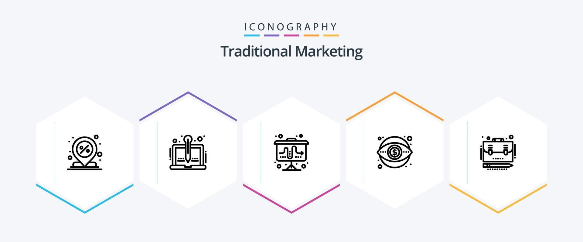 tradicional márketing 25 línea icono paquete incluso dinero. finanzas. narración negocio. estrategia vector