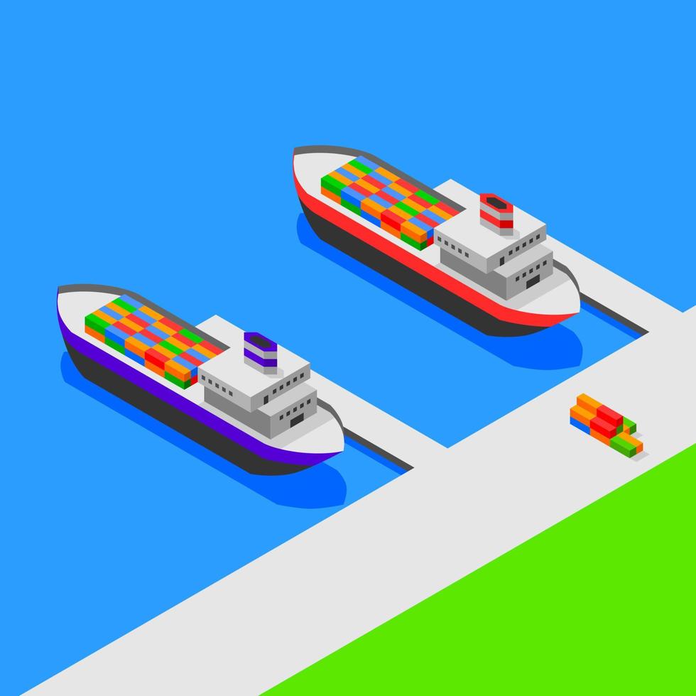 isometric design port and 2 cargo ships. for logistics transportation vector