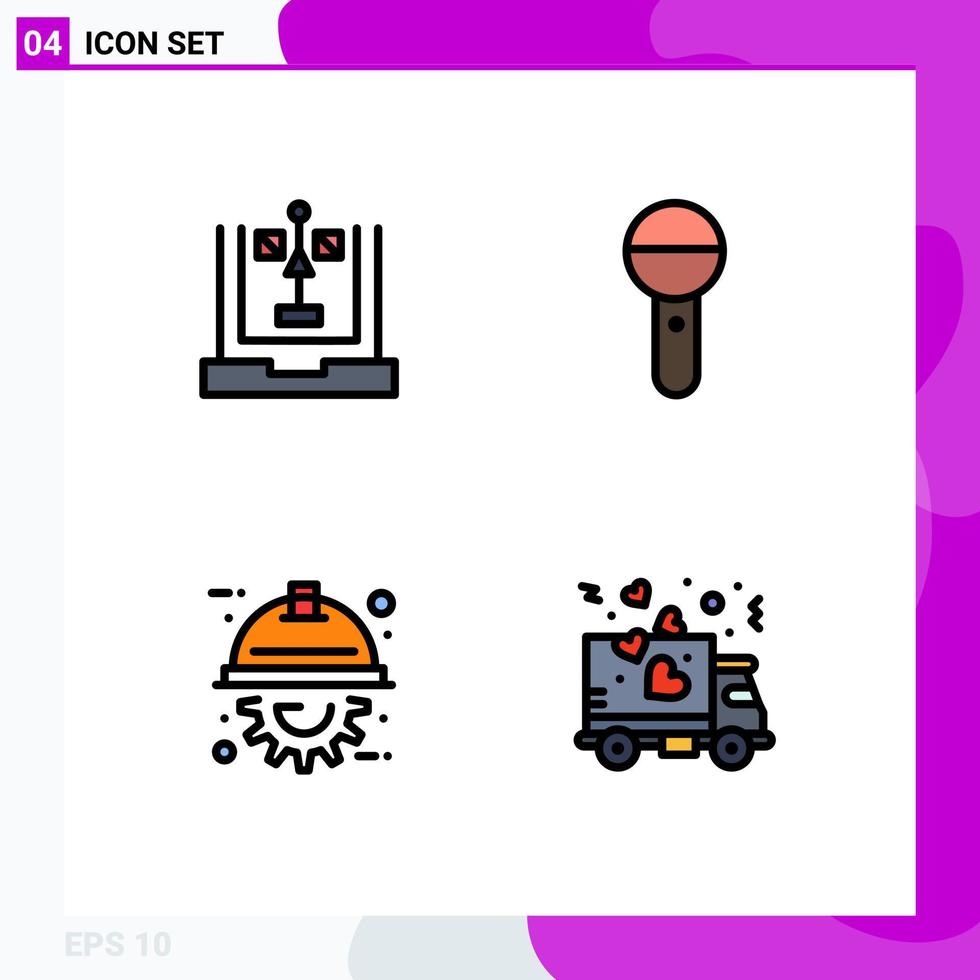 Pictogram Set of 4 Simple Filledline Flat Colors of coding sound flowchart mic engineer Editable Vector Design Elements