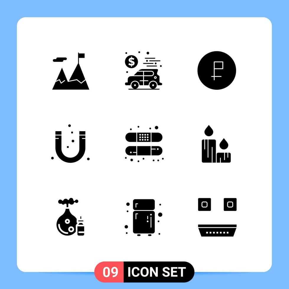 Universal Icon Symbols Group of 9 Modern Solid Glyphs of negative magnet business attraction ruble Editable Vector Design Elements