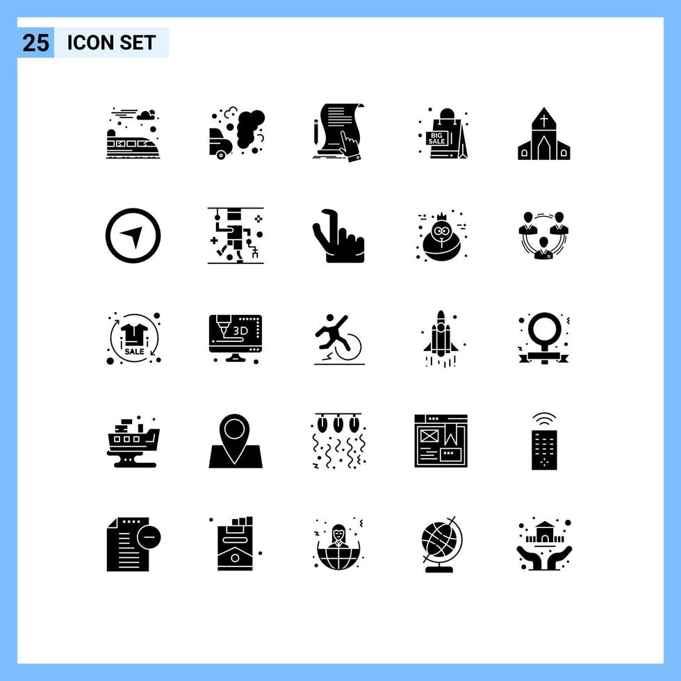 25 User Interface Solid Glyph Pack of modern Signs and Symbols of church sales document promotion application Editable Vector Design Elements
