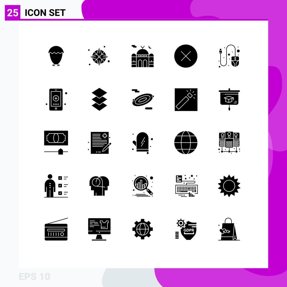 25 Thematic Vector Solid Glyphs and Editable Symbols of mouse hide mosque delete pray Editable Vector Design Elements
