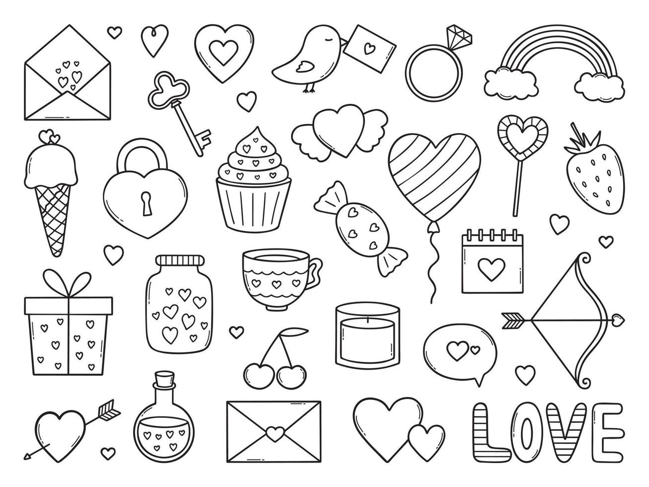Valentine's Day doodle set. Love elements in sketch style. Hand drawn vector illustration isolated on white background
