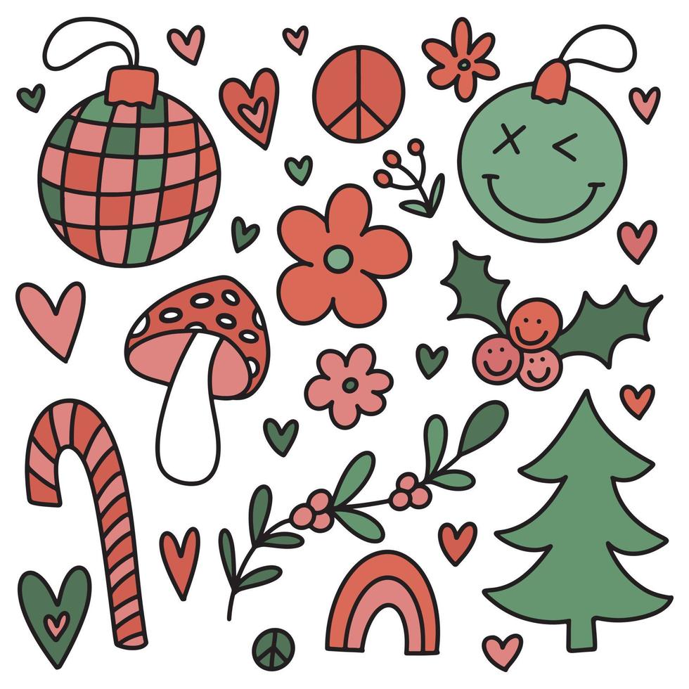Groovy conjunto de elementos de imágenes prediseñadas de Navidad. colección hippie retro de los años 70 de lindos garabatos festivos de invierno dibujados a mano - árbol de navidad. bola disco, baya de acebo, muérdago, hongo amanita, corazones. vector