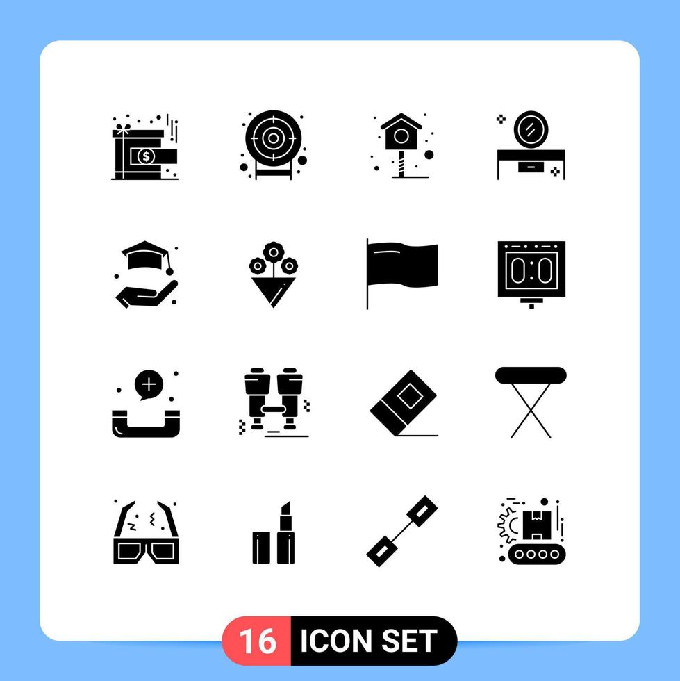 Mobile Interface Solid Glyph Set of 16 Pictograms of life education house mirror table dressing table Editable Vector Design Elements