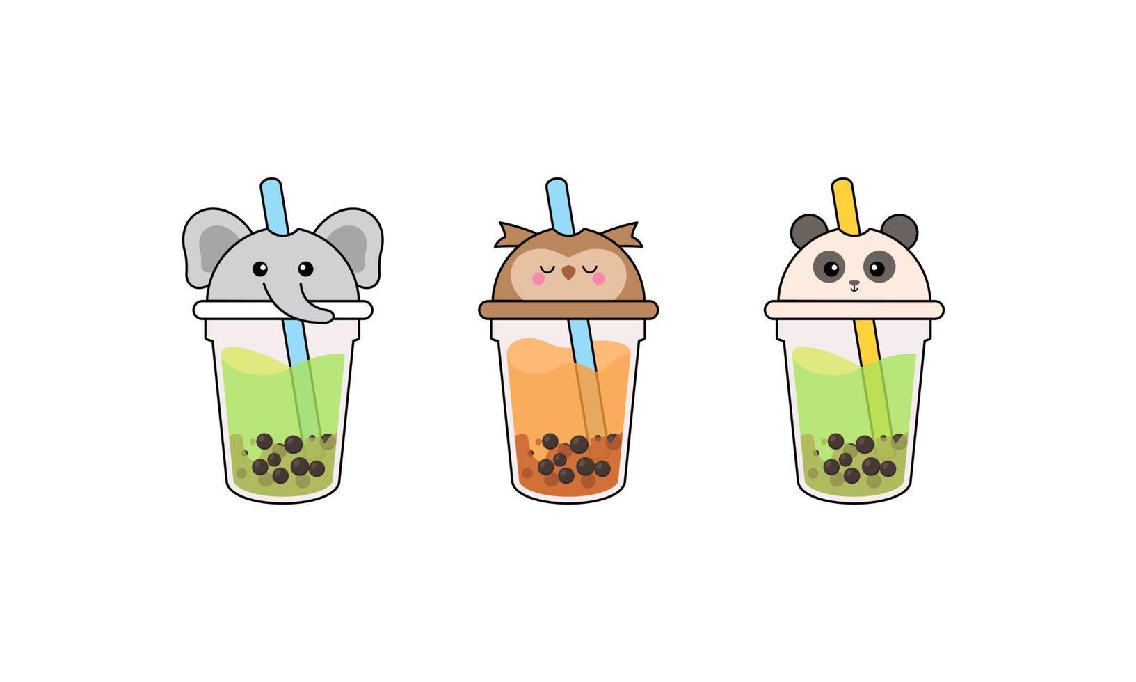 Set kawaii bubble tea with animal faces vector